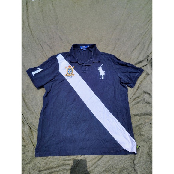 Polo Ralph Lauren Shirt XL Black White Big Pony Crest Color Block Custom Stripe - Picture 1 of 9